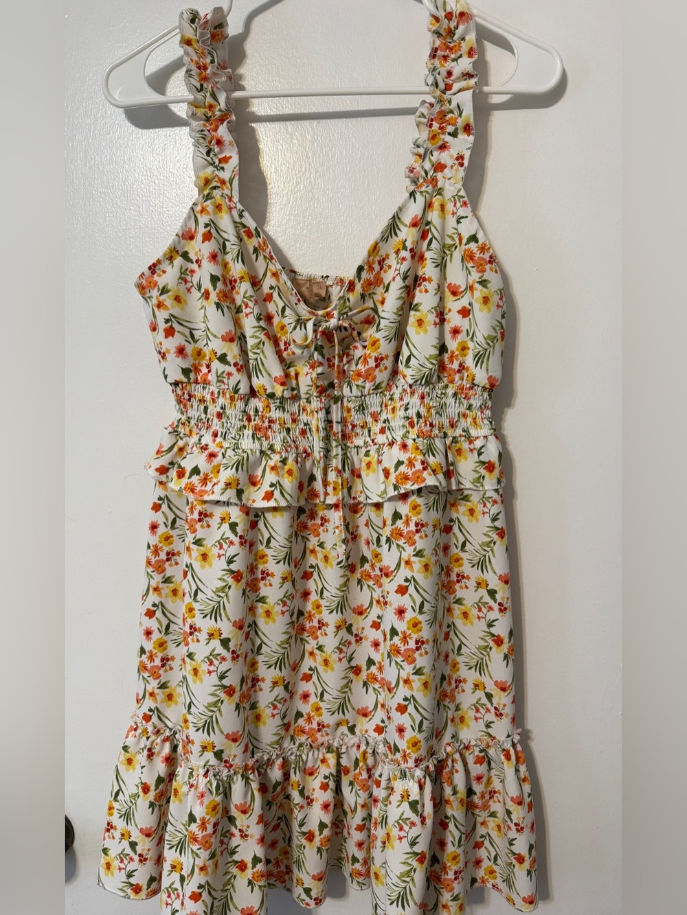 Cream Floral Ruffle Mini Dress with Orange & Green Print